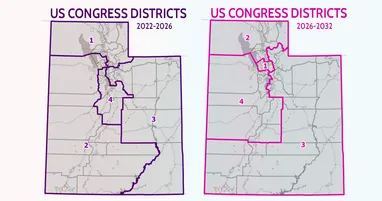 Side-by-side map comparing the original Utah US Congress Districts for 2022 to 2026 and the new districts for 2026 to 2032.
